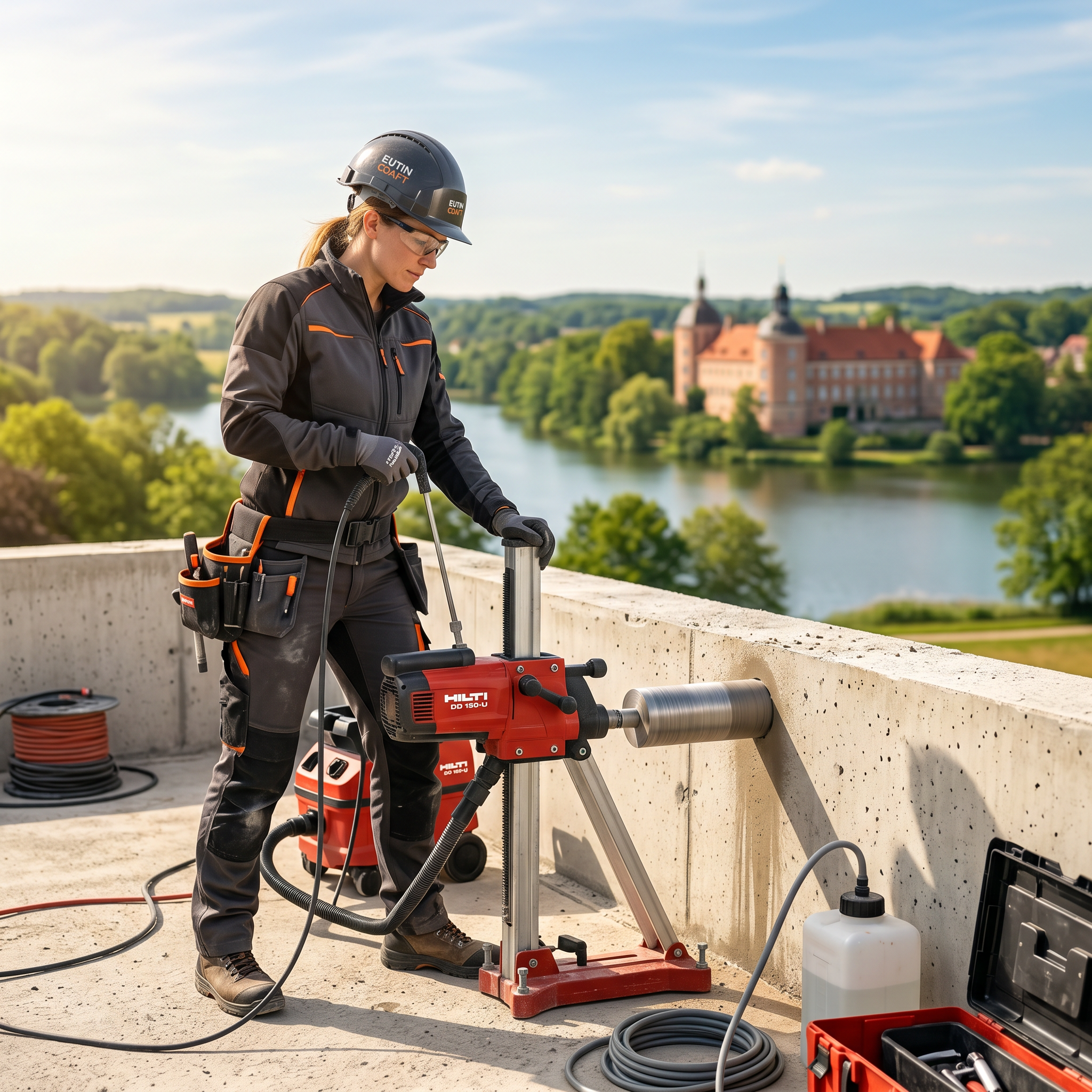 Kernbohrung Eutin - Facharbeiterin führt präzise Betonbohrung mit professioneller Kernbohrmaschine auf Baustelle aus.