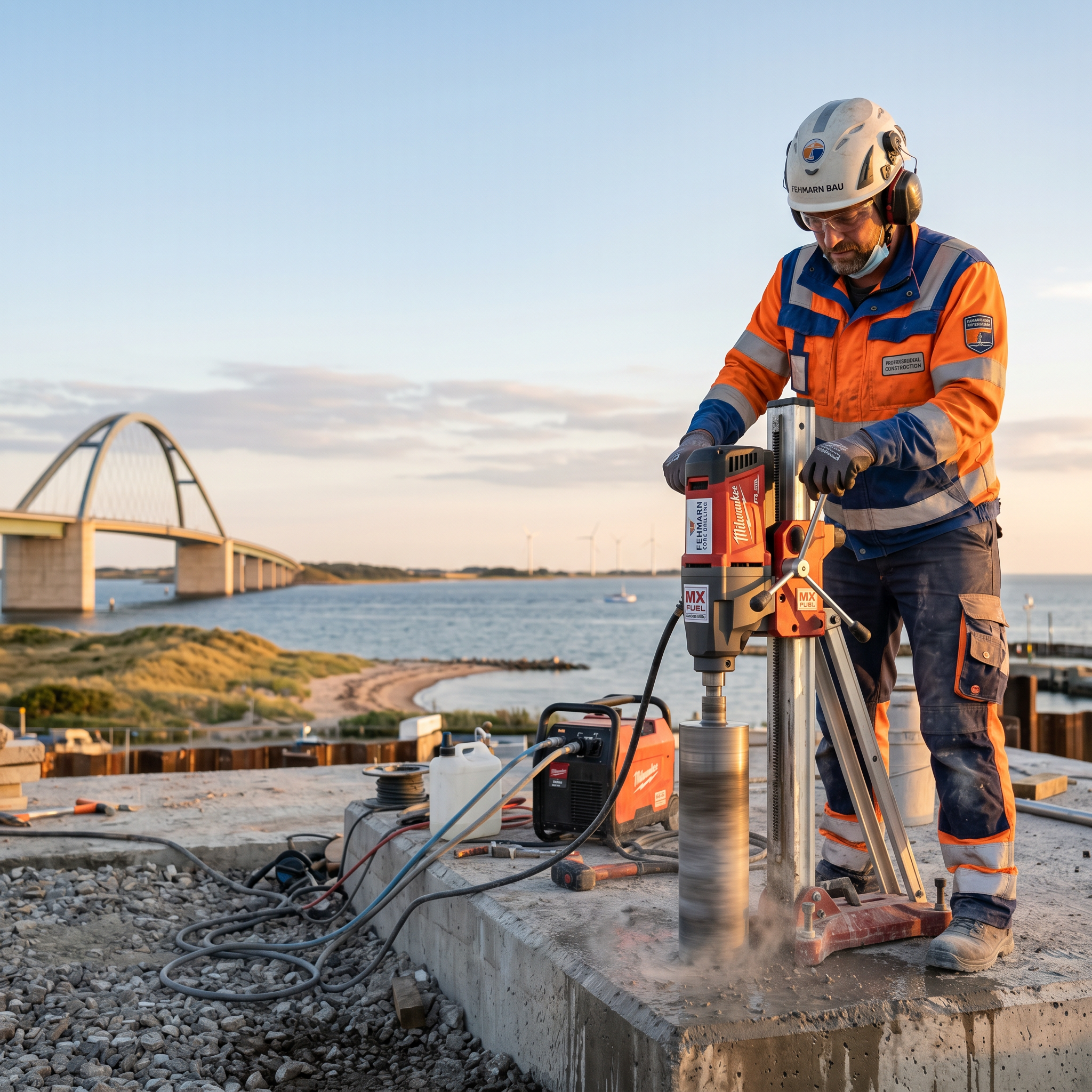 Kernbohrung Fehmarn - Mitarbeiter der Kern-Bohr-Technik GmbH bei einer professionellen Kernbohrung mit Blick auf die Fehmarnsundbrücke in Fehmarn - präzise Betonbohrarbeiten für Abbruch, Rückbau und Bauprojekte